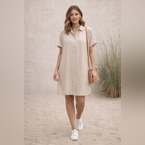 NWT Well Worn Beige Shirt Dress Relaxed Fit Coastal Minimalist Casual Summer Med